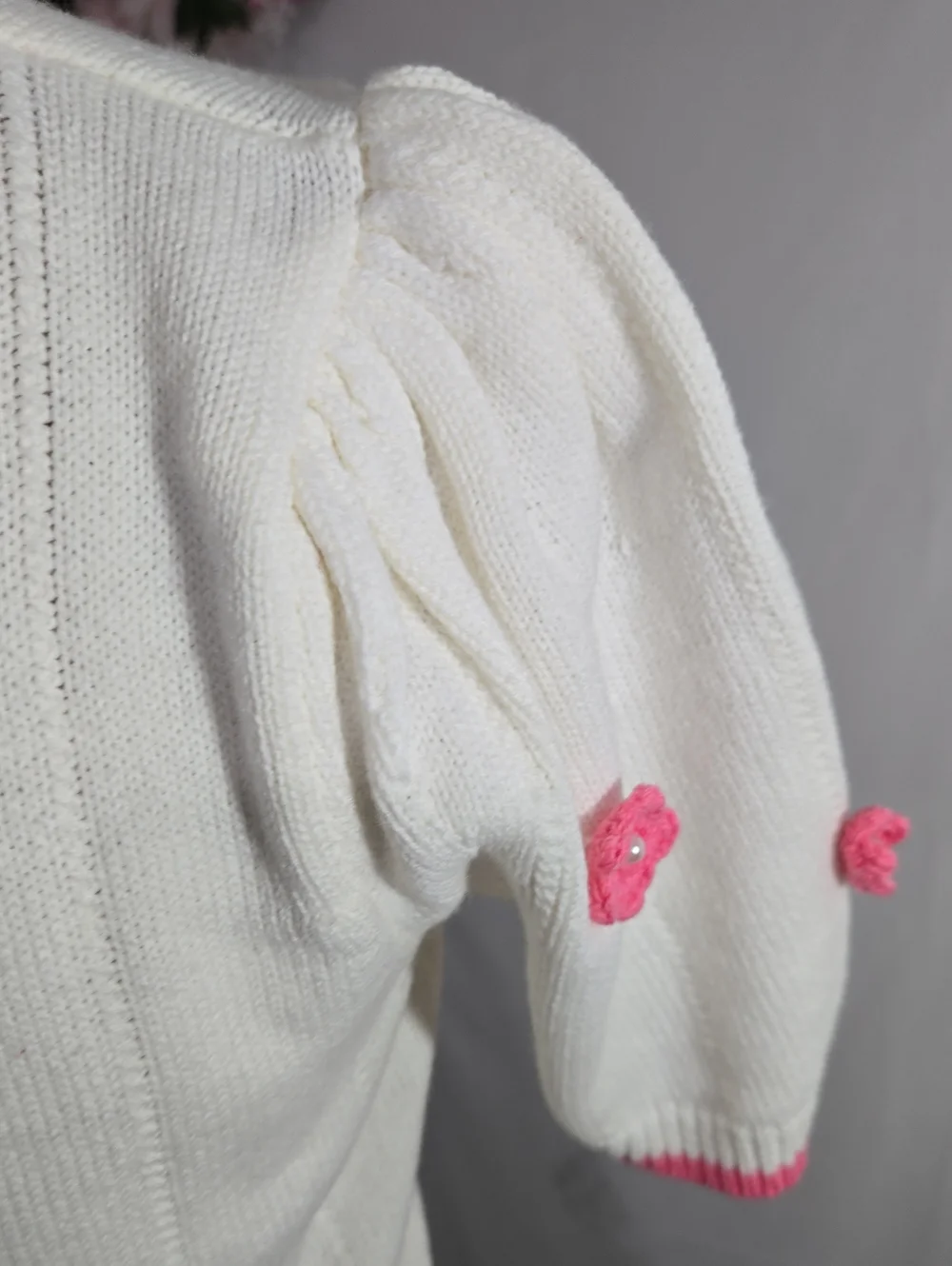 Betsey Johnson Cream Knit Top with Pink Flower Appliqués